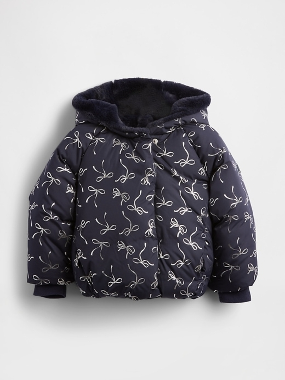 GAP Toddler Navy Bow-Print Puffer Jacket with Faux-Fur Hood